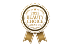 "2025 Beauty Choice Awards" logo, award ribbon badge, gold and black colors, elegant serif font, official seal style.